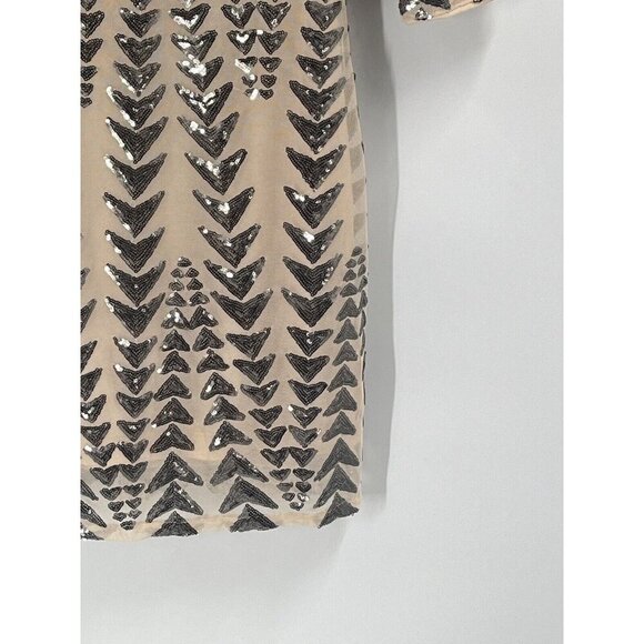 Lulus Shine On Me Nude Gunmetal Mesh Sequin Mini Dress 3/4 Sleeves Sz Large NWT - Picture 2 of 7